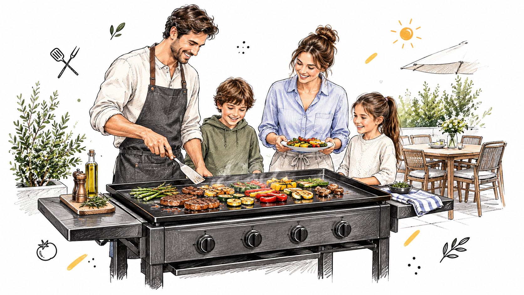 Een gezin dat samen geniet van het bereiden van een maaltijd op een buiten grillplaat op gas.