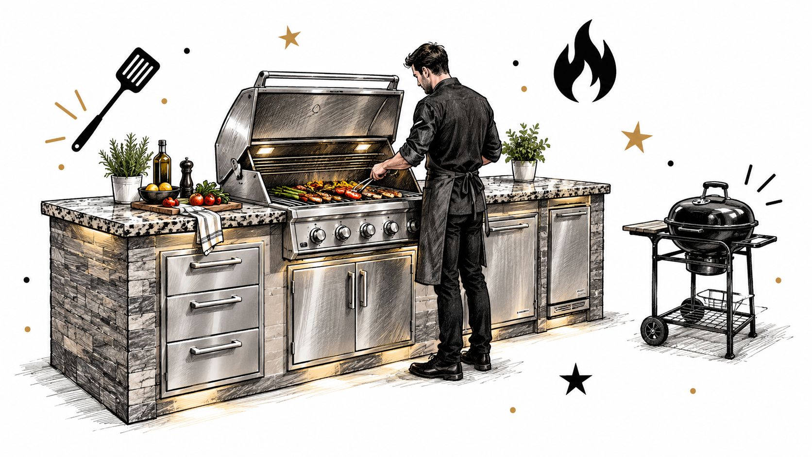 Een professionele chef-kok bereidt heerlijk eten op een luxe ingebouwde buitenkeuken met een moderne grill en werkblad.