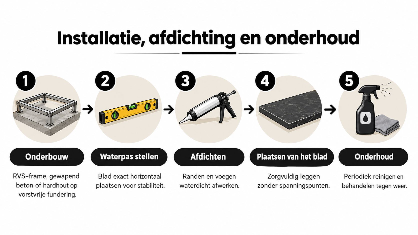 Stappenplan voor de installatie, afdichting en het onderhoud van een keukenblad voor buiten op een frame.