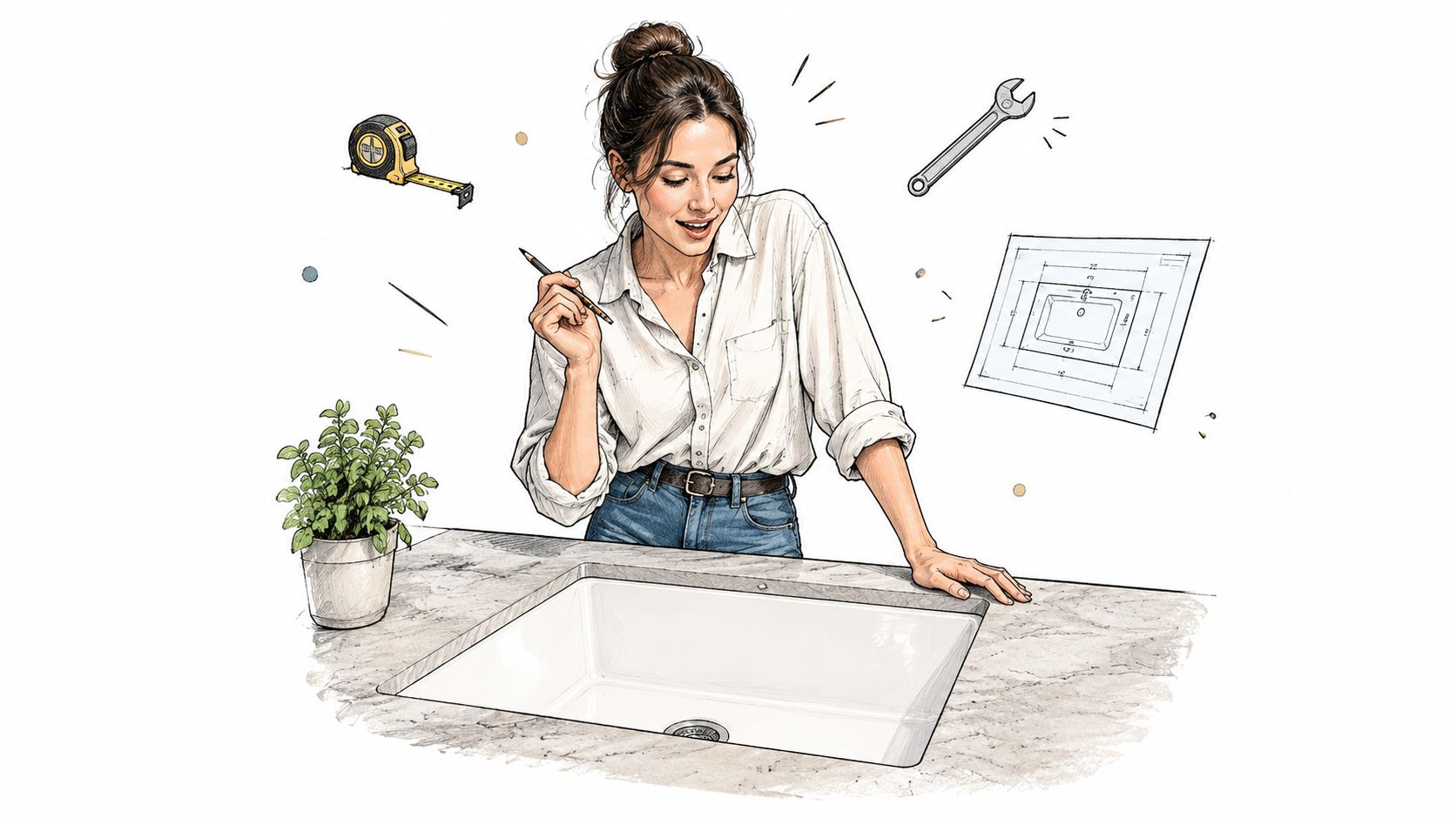 Een vrouw ontwerpt haar keuken met een onderbouw spoelbak van keramiek, gereedschap en technische tekeningen op tafel.