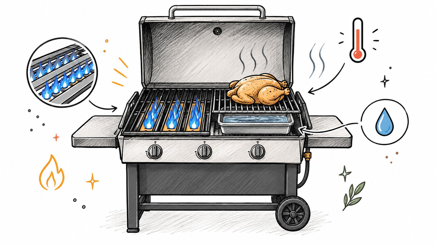 Een gasbarbecue met een kip die indirect wordt geroosterd met een waterbak voor extra vochtigheid en temperatuurcontrole.