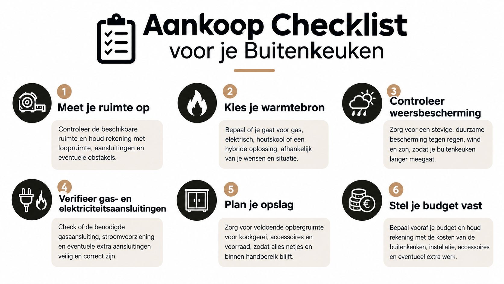 Een overzichtelijke aankoop checklist voor het aanschaffen van een complete en functionele buitenkeuken voor in de tuin.