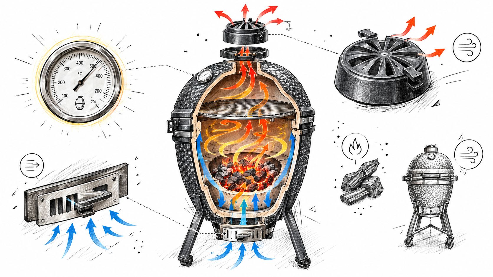 Een gedetailleerde doorsnede van een kamado bbq die de luchtstroom en temperatuurregeling visueel weergeeft.