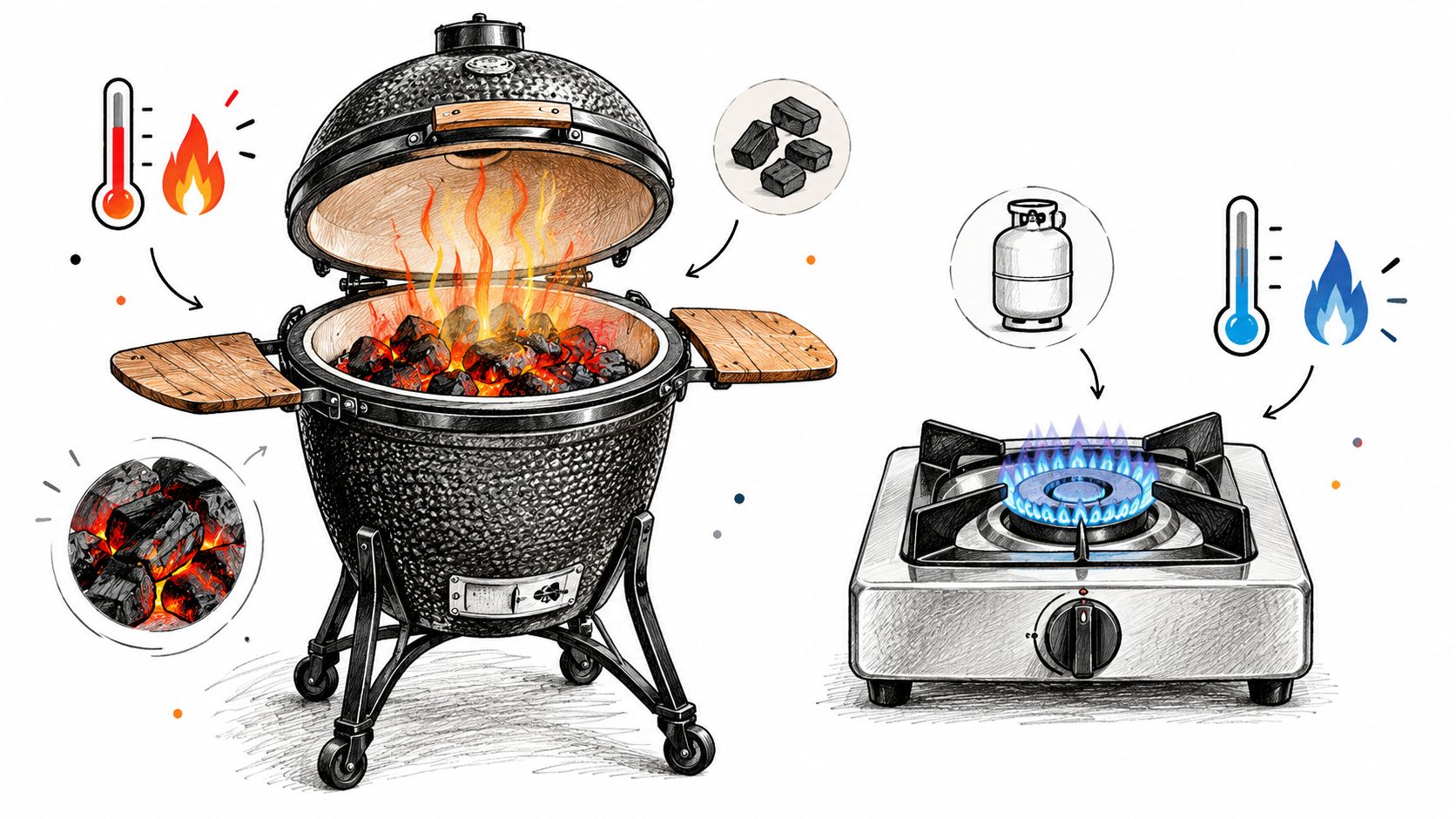Een vergelijking tussen een traditionele houtskoolgrill en een modern gasfornuis voor buiten koken en grillen.