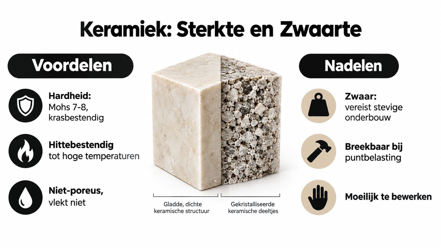 Een infographic die de voor- en nadelen van keramiek als materiaal voor werkbladen en spoelbakken verduidelijkt.