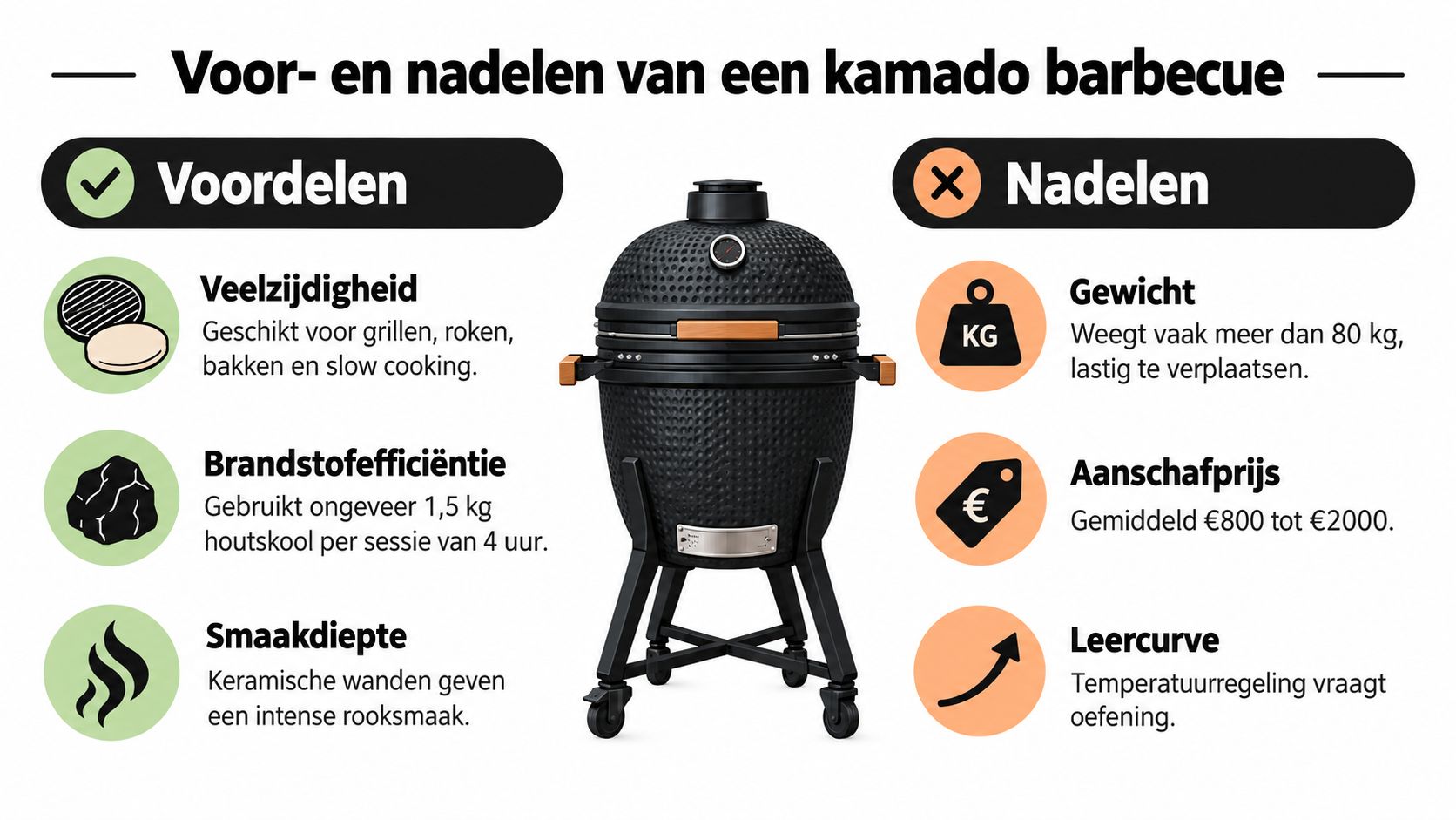 Een overzicht met voor- en nadelen van een keramische kamado barbecue met bijbehorende iconen en tekst.