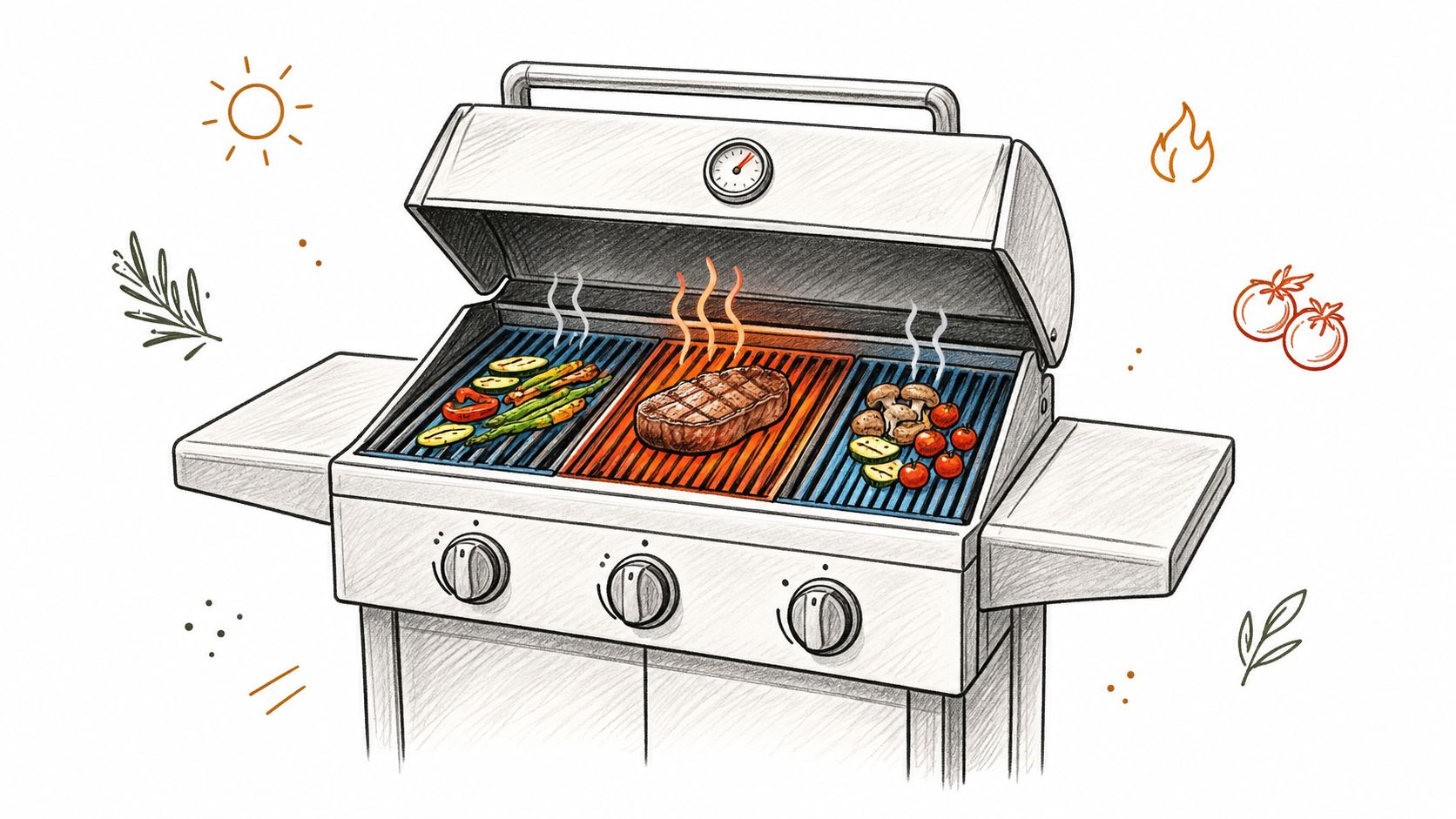 Een schets van een moderne gasbarbecue met gegrild vlees, asperges, champignons en tomaten op de roosters.