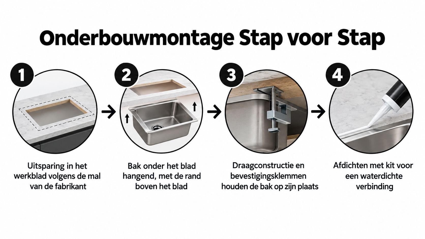 Stap voor stap instructie voor het installeren van een onderbouw spoelbak in een keukenwerkblad met kit.