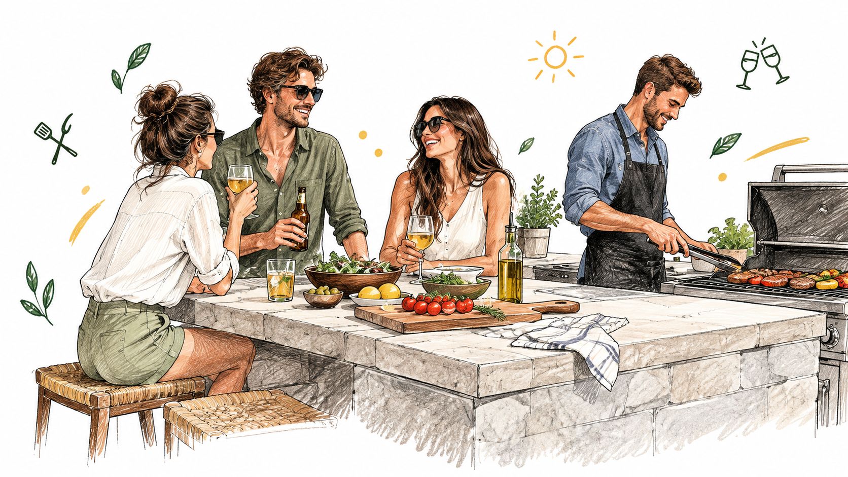 Een groep vrienden geniet van een gezellige barbecue met drankjes aan een modern buitenkeukenblad in de tuin.