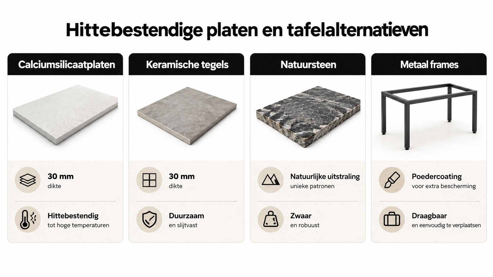 Een overzicht van hittebestendige platen en metalen frames als alternatieve onderstellen voor uw kamado barbecue.