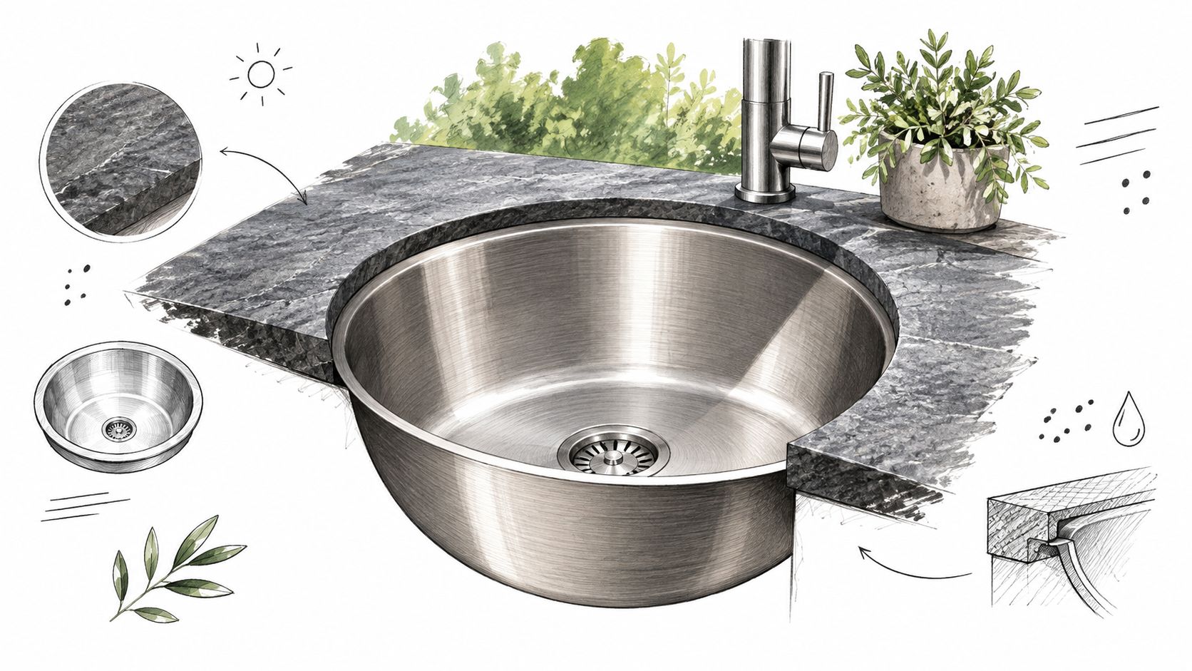 Een elegante ronde roestvrijstalen spoelbak in een donker granieten aanrechtblad met een moderne kraan en plant.