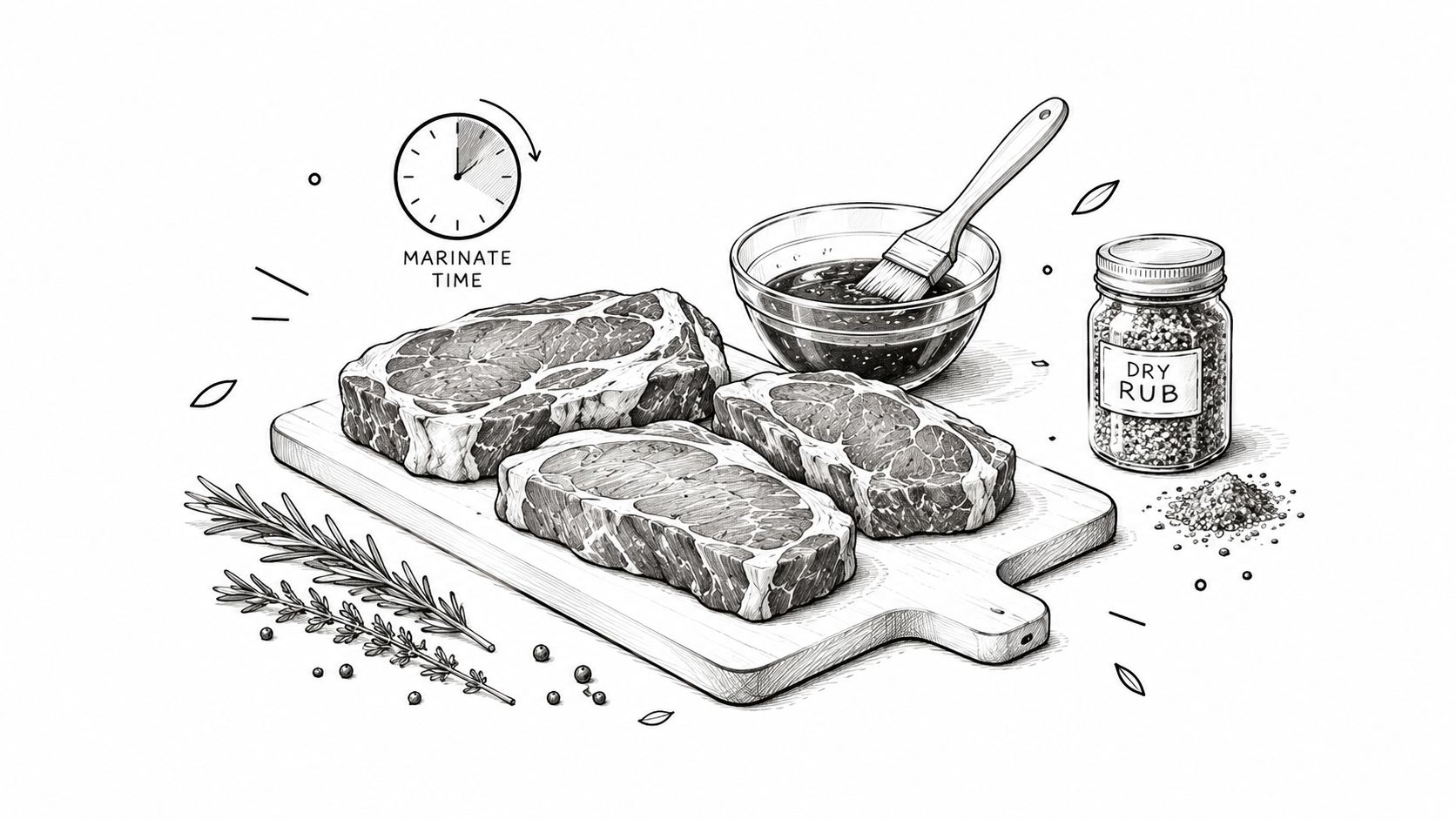 Een schets van rauwe biefstukken op een snijplank met marinade, kruiden en een potje dry rub.