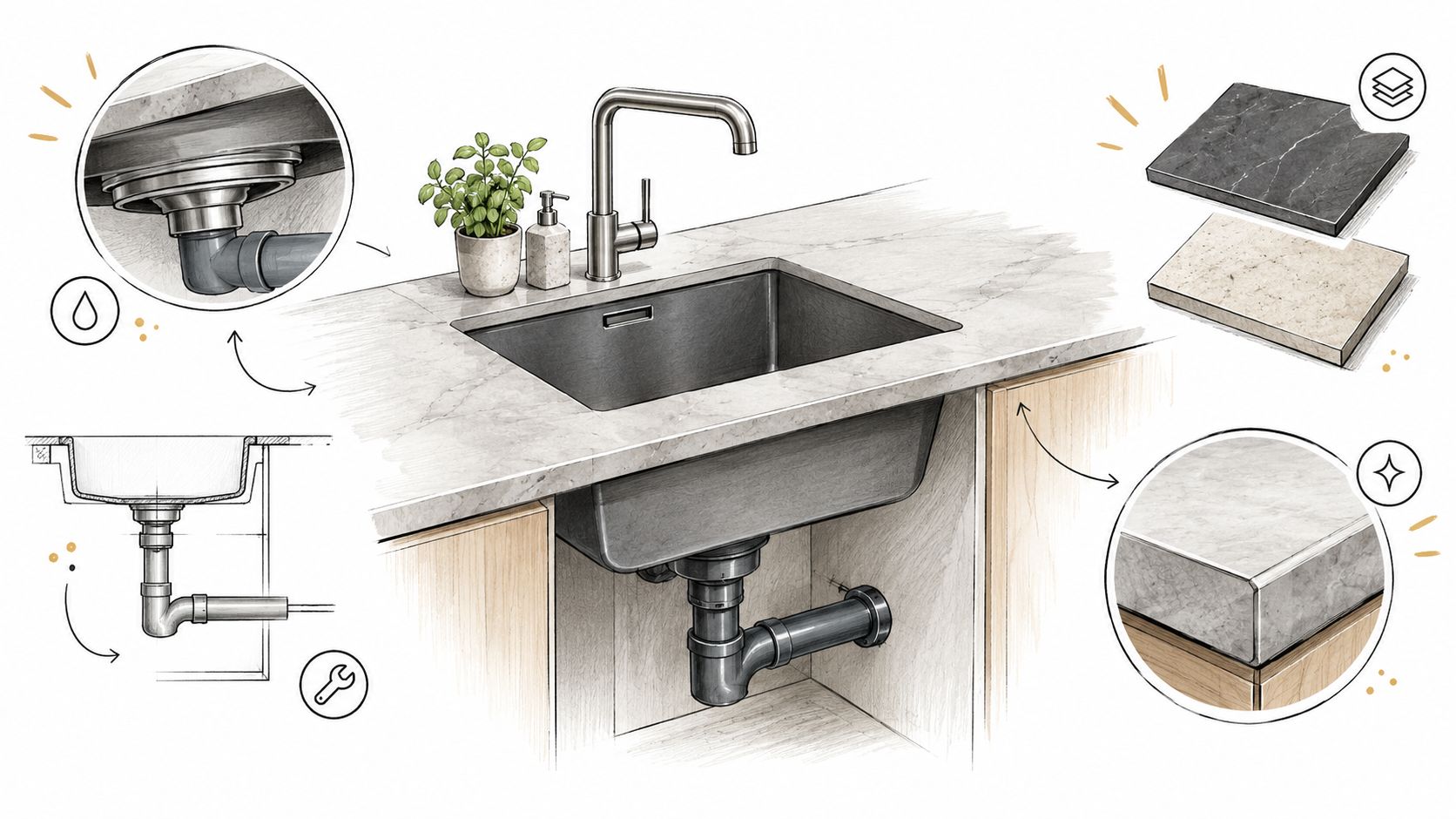 Een gedetailleerde schets van een keukenonderbouw spoelbak met installatie-instructies, afvoerdetails en verschillende aanrechtblad materialen voor inzicht.