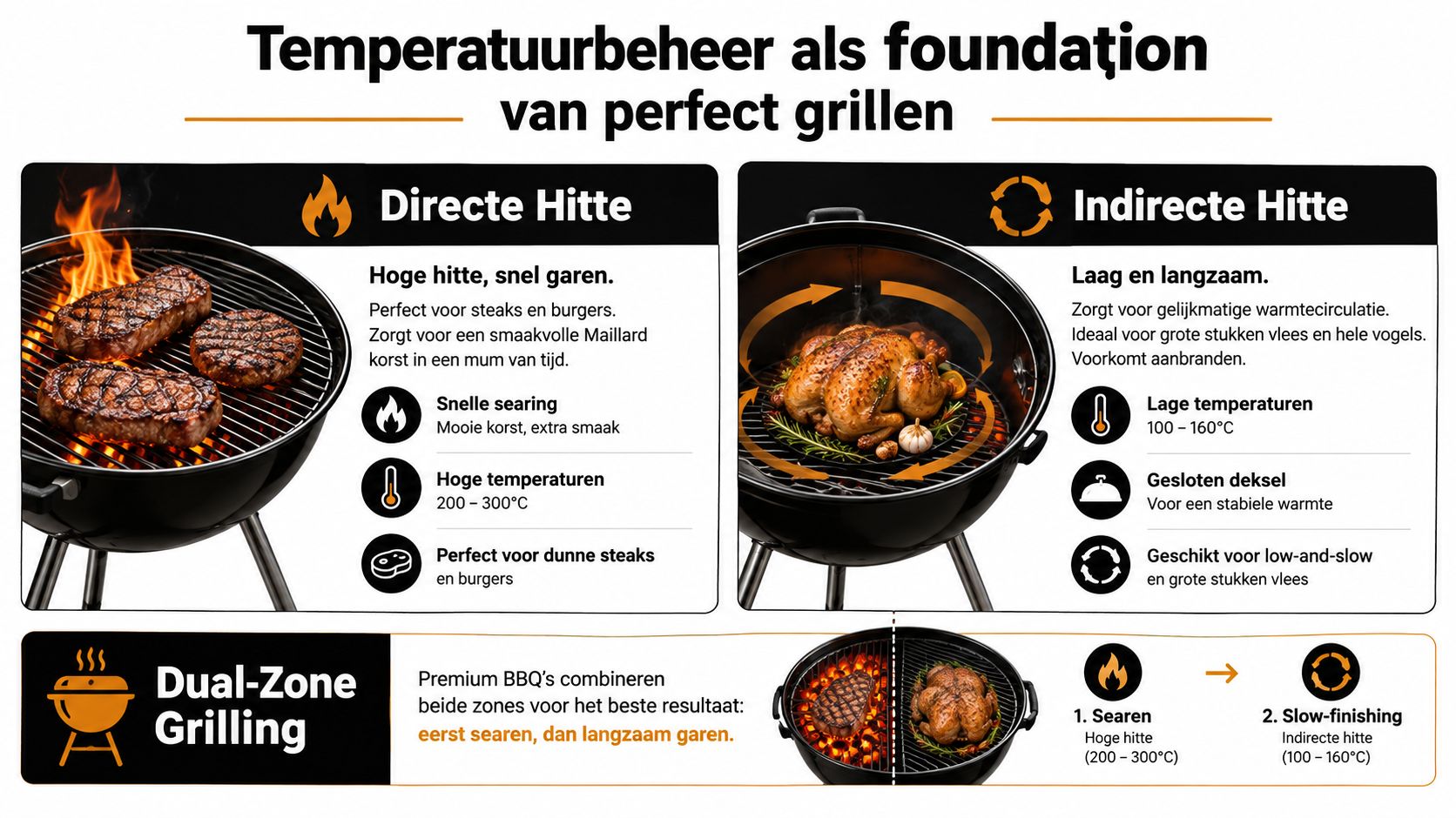 Een informatieve afbeelding die het verschil tussen directe en indirecte hitte bij het barbecueën in het Nederlands uitlegt.