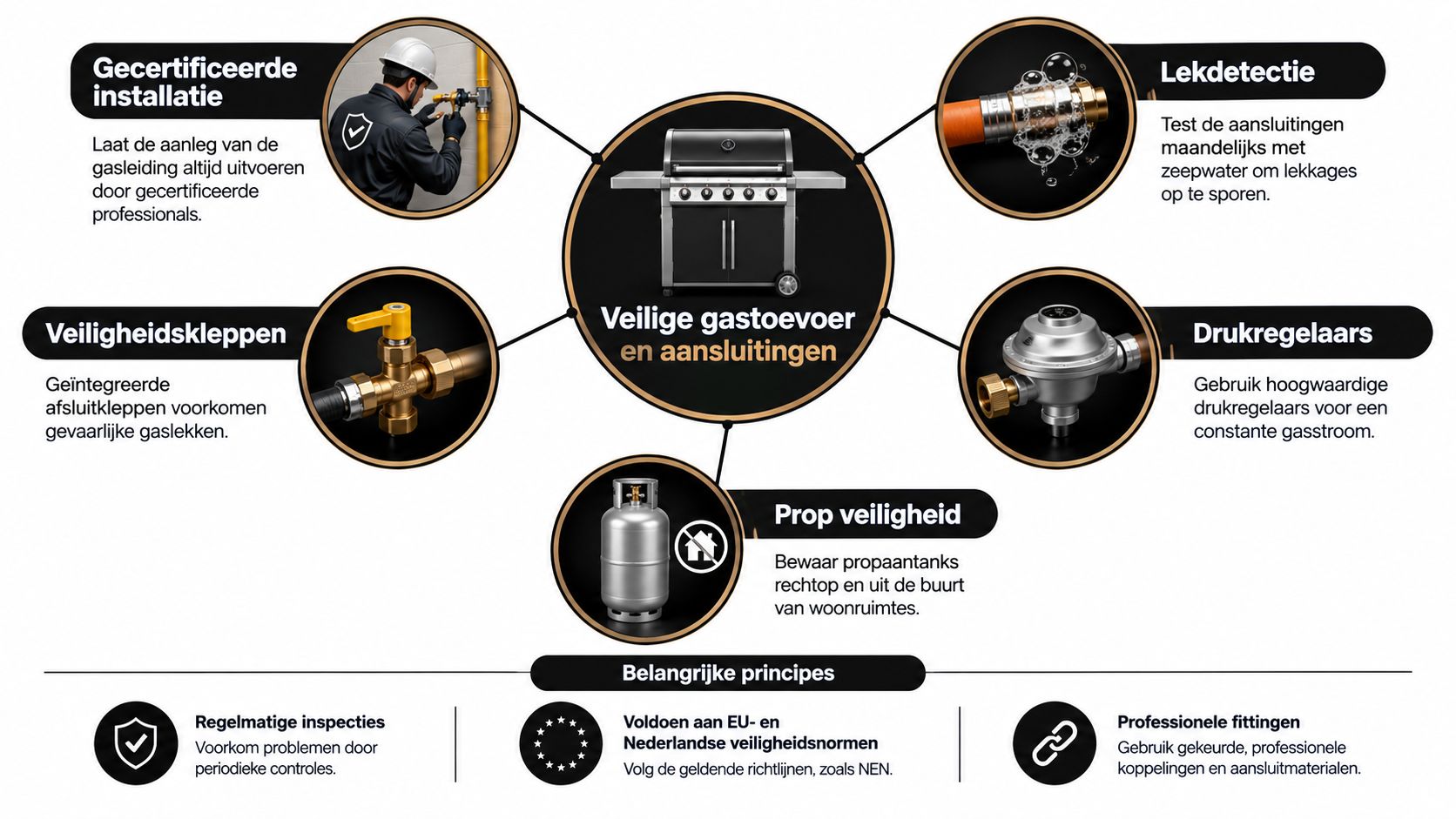 Een informatieve infographic over veilige gas- en aansluitingsprincipes voor een gasbarbecue om veilig grillen te garanderen.