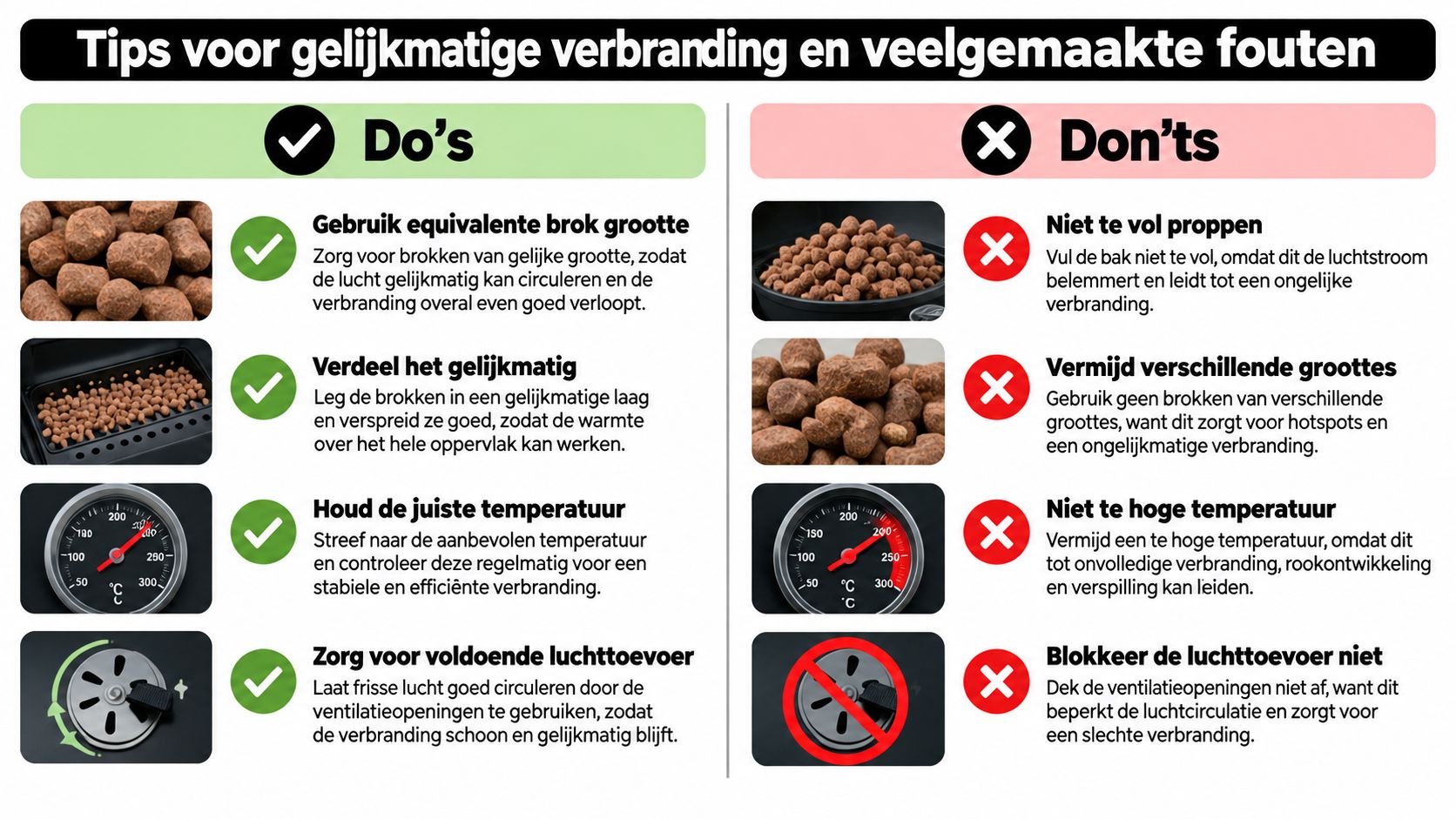 Een infographic met tips voor het gelijkmatig verbranden van houtskool en veelgemaakte fouten in een kamado.