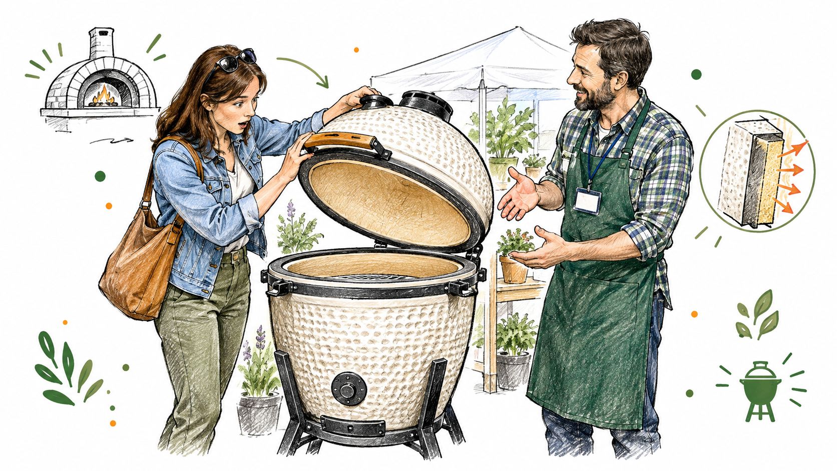 Een medewerker laat een vrouw de binnenkant van een keramische kamado barbecue zien in een tuinwinkel.