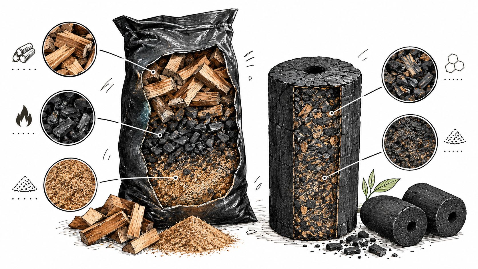 Een illustratie van houtskoolproductie met grondstoffen, houtblokken, zaagsel en de uiteindelijke geperste houtskoolbriketten voor de barbecue.