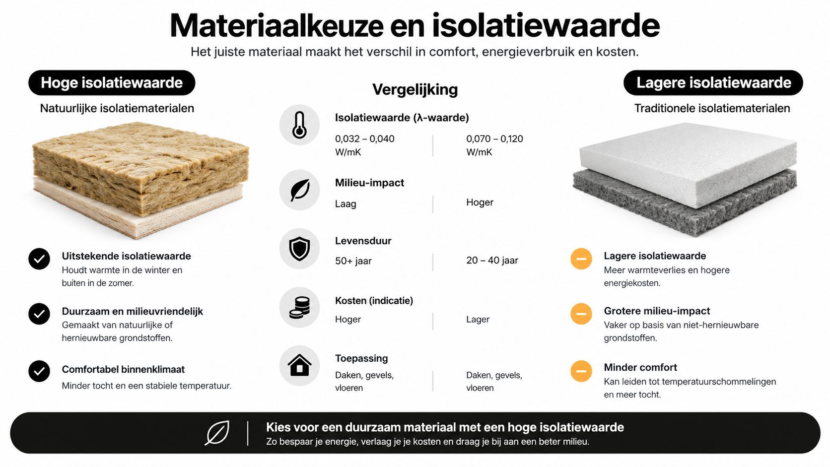 Vergelijkingstabel van natuurlijke versus traditionele isolatiematerialen voor energiezuinig wonen en een beter binnenklimaat in de woning.