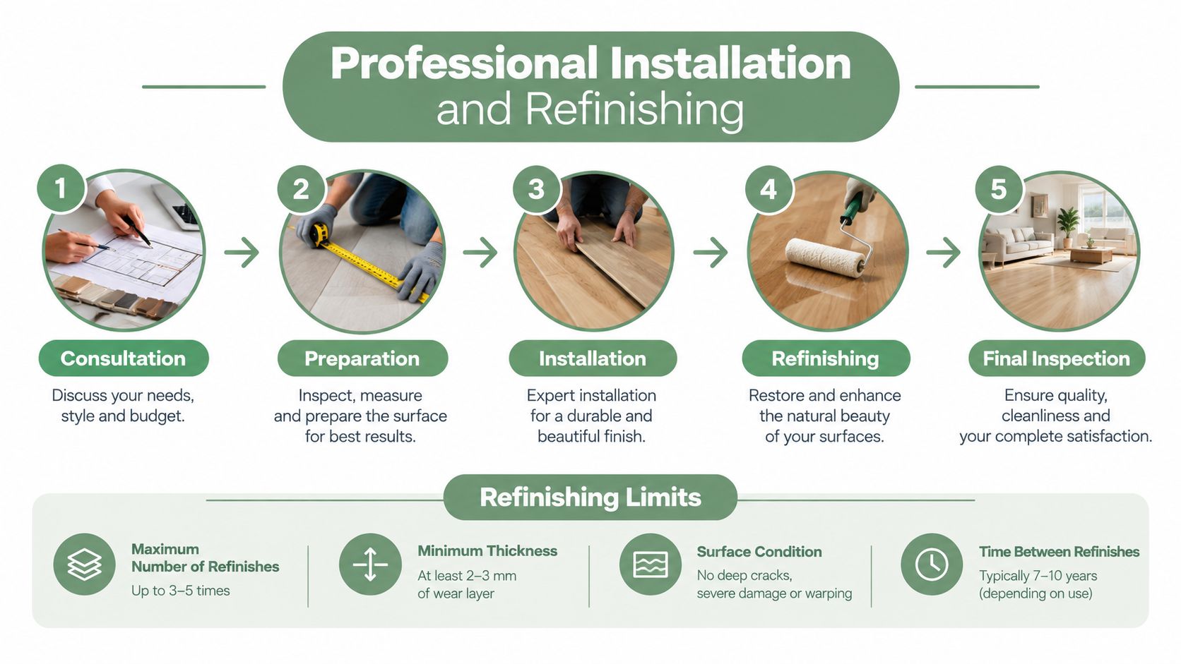 A flowchart detailing the professional installation and refinishing process of flooring surfaces with refinishing limitations.