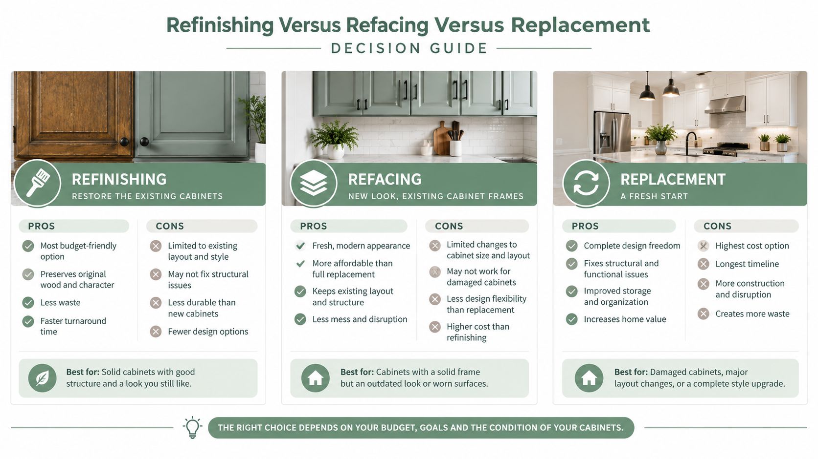 A comparison guide for kitchen cabinet refinishing, refacing, and replacement, listing pros, cons, and best use cases.
