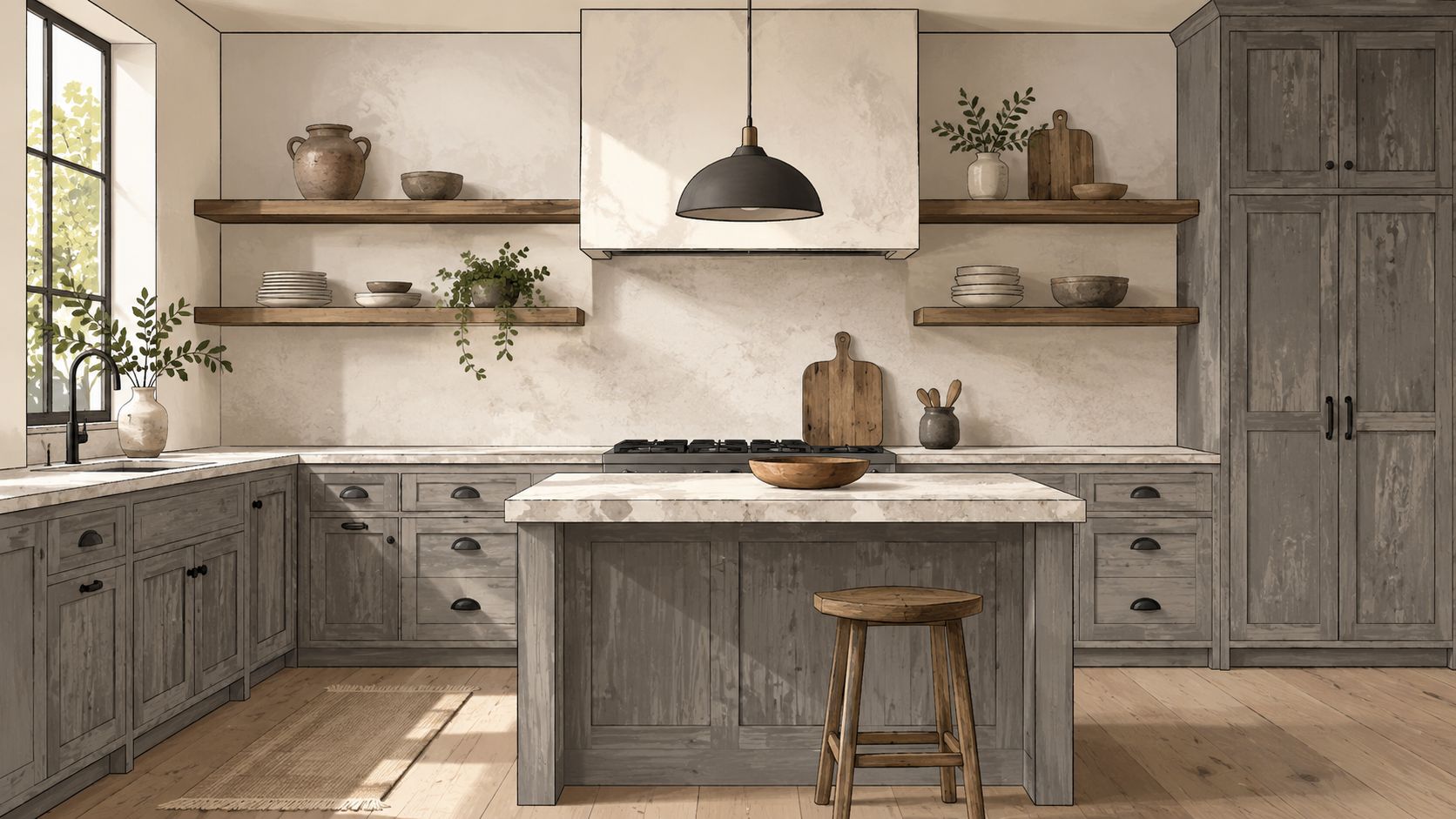 A rustic kitchen featuring weathered grey cabinets, wood shelves, and a marble island with a wooden stool.