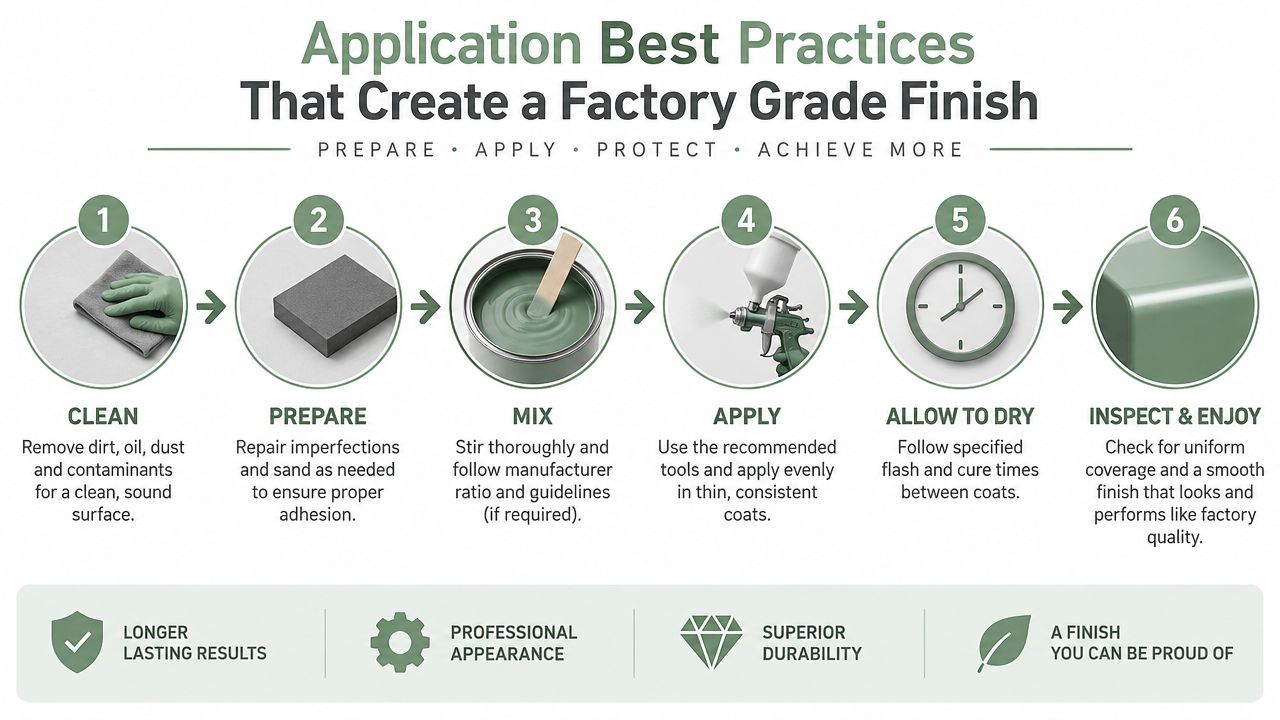A six-step infographic detailing best practices for applying a professional, factory-grade finish to painted surfaces.