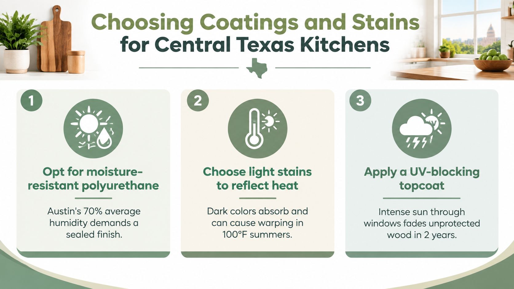 An infographic titled Choosing Coatings and Stains for Central Texas Kitchens with three tips for protecting wood.