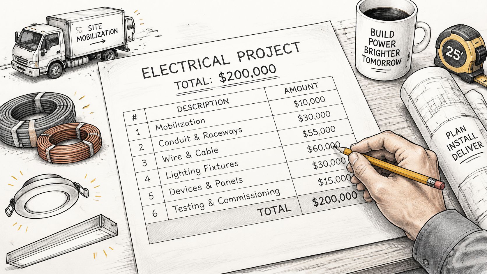 Una mano sosteniendo un lápiz sobre una tabla de presupuesto de un proyecto eléctrico profesional.