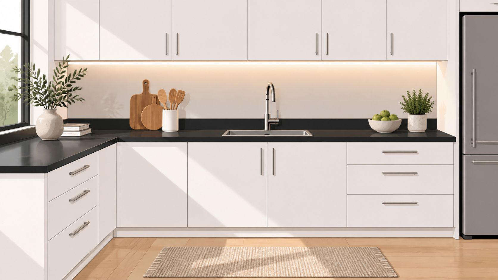 A modern kitchen interior featuring sleek white cabinets paired with contrasting black countertops and stainless steel appliances.