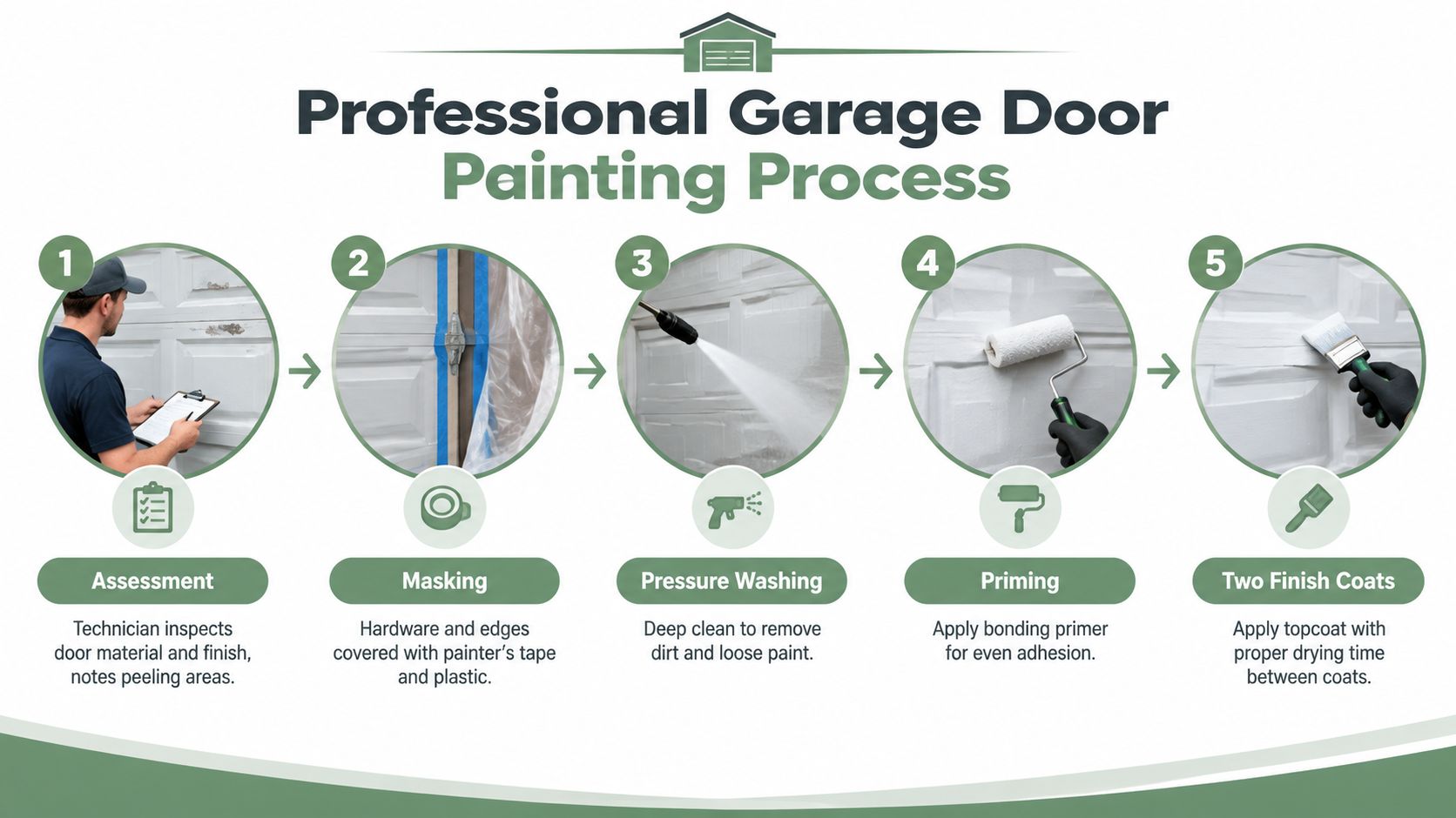 An infographic showing the five-step professional garage door painting process from assessment to the final coat.