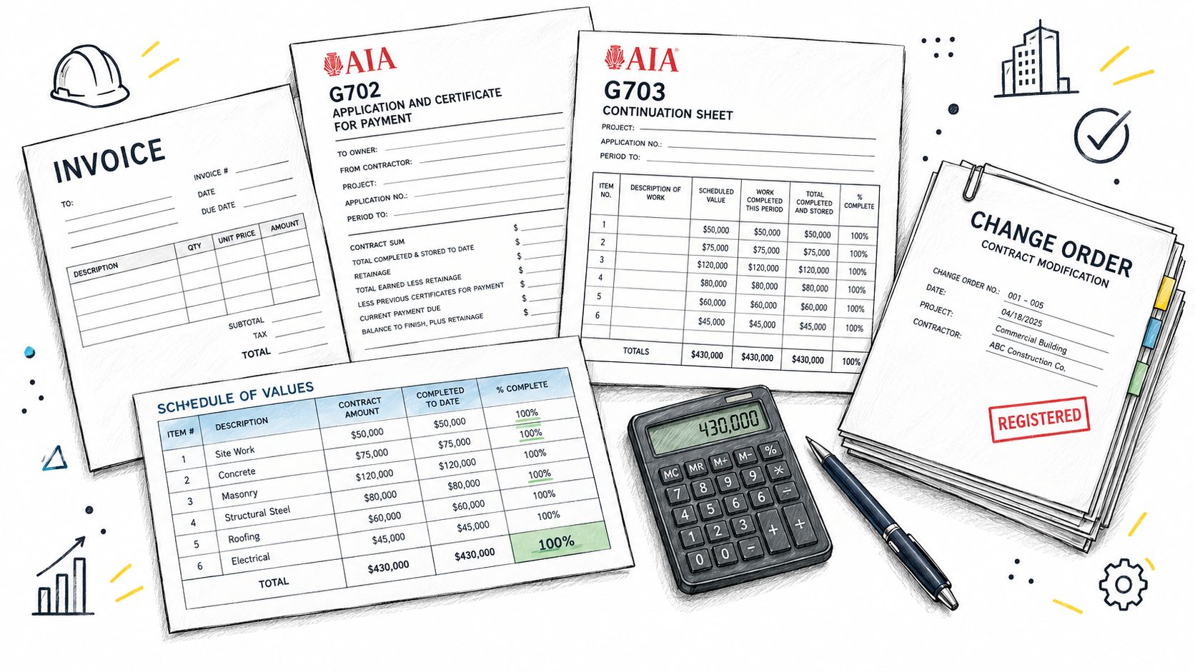 Documentos financieros de construcción, incluyendo facturas, formularios AIA, hojas de continuación y órdenes de cambio.