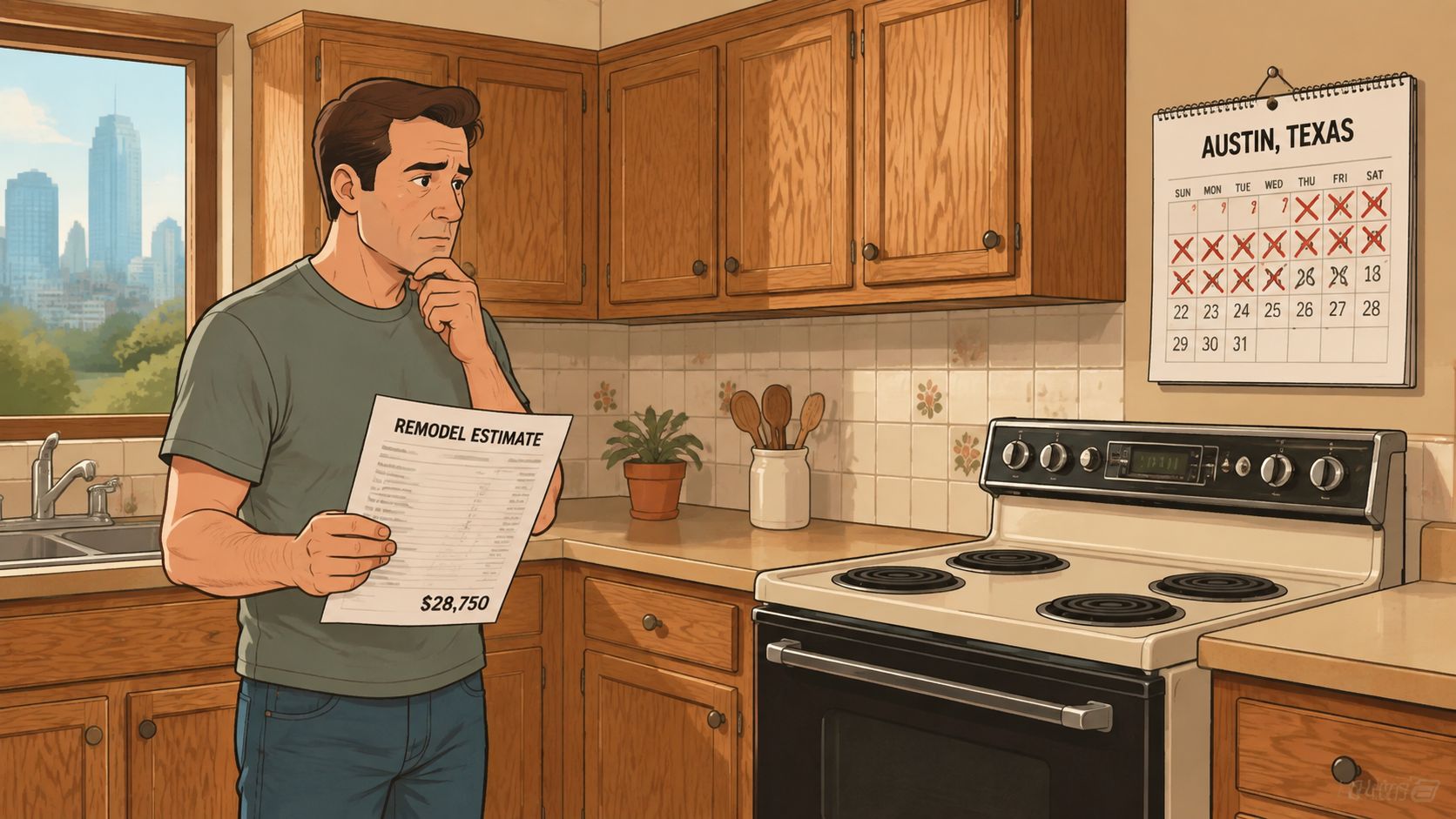 A man in a kitchen looking concerned at a remodel estimate document with city buildings outside.