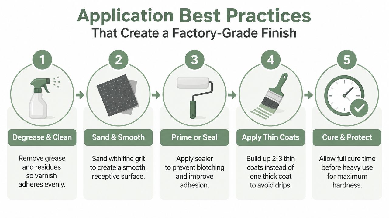 A five-step infographic showing best practices for applying a factory-grade varnish finish on surfaces.