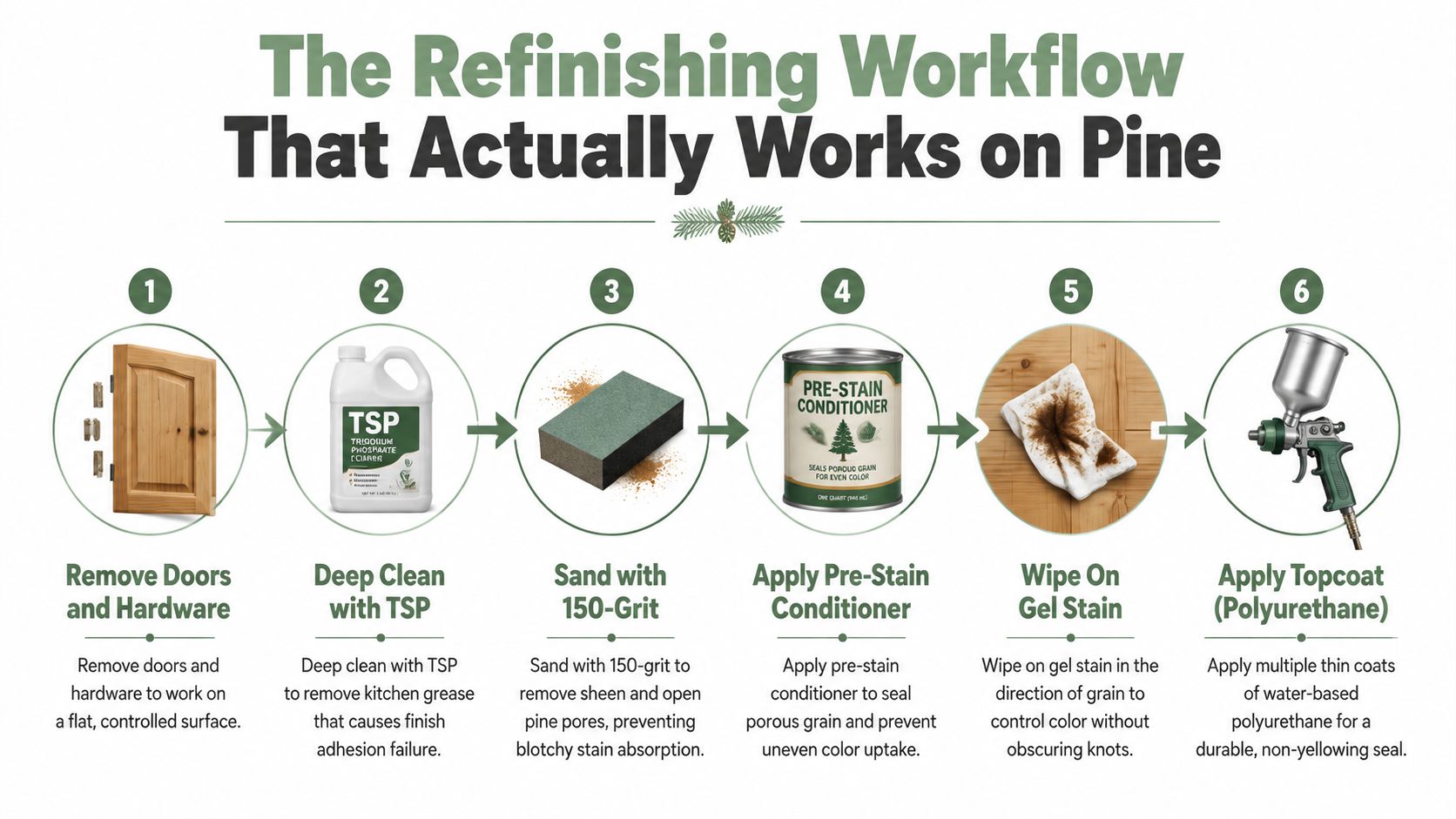 A six-step infographic guide explaining the professional workflow for refinishing and staining knotty pine kitchen cabinets.