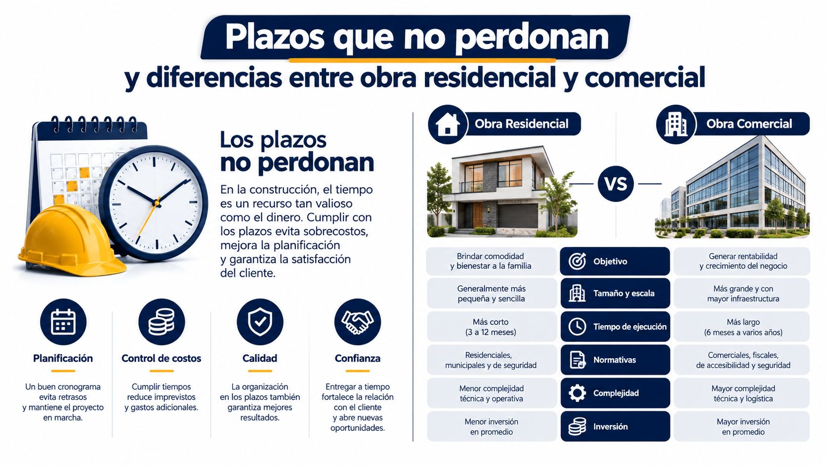 Comparativa visual detallada entre los tiempos, objetivos y complejidades de las obras de construcción residenciales y comerciales.