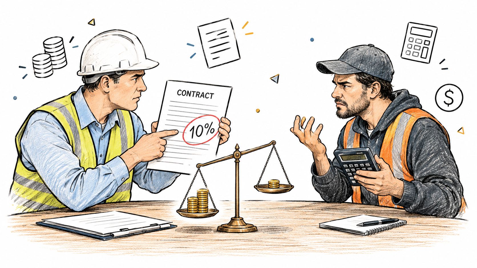 Dos trabajadores en ropa de seguridad discuten sobre un contrato con una balanza y calculadora sobre mesa.