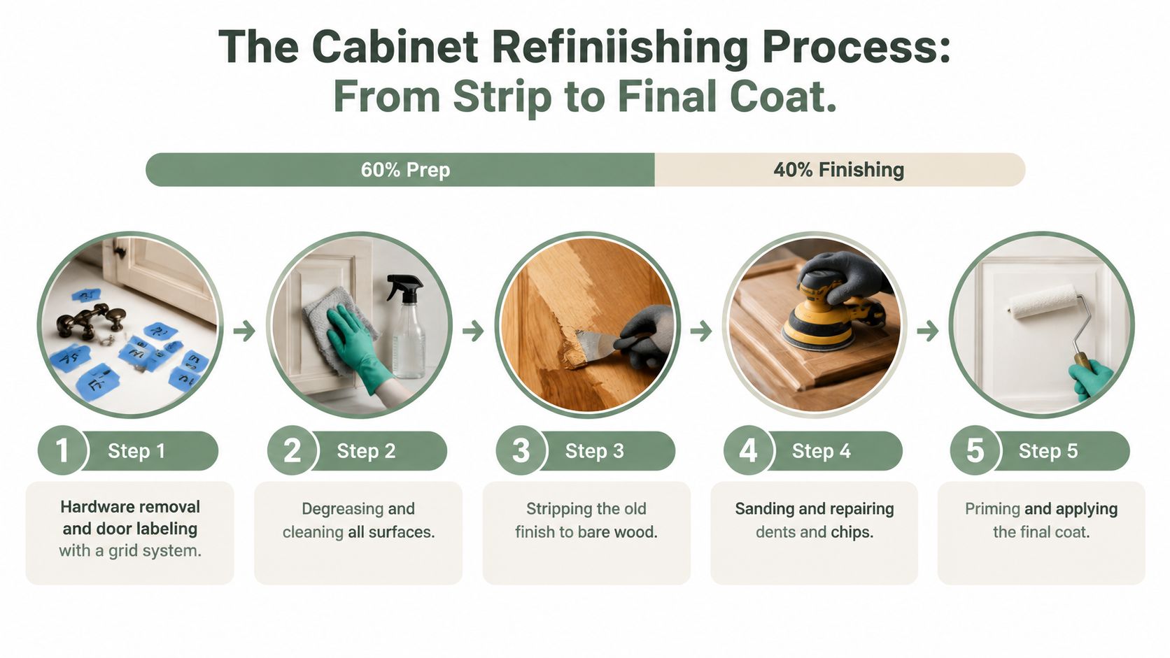 A five-step infographic showing the professional cabinet refinishing process, from hardware removal to applying the final coat.