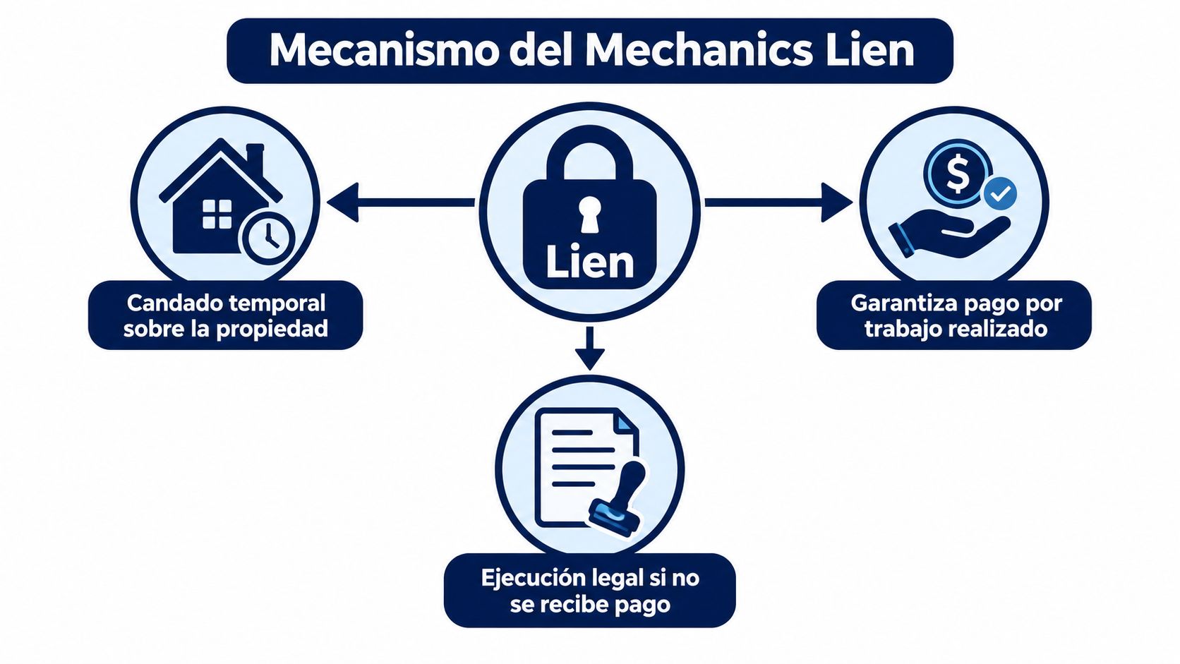 Diagrama del mecanismo del Mechanics Lien que muestra garantías de pago, bloqueos temporales y ejecuciones legales.
