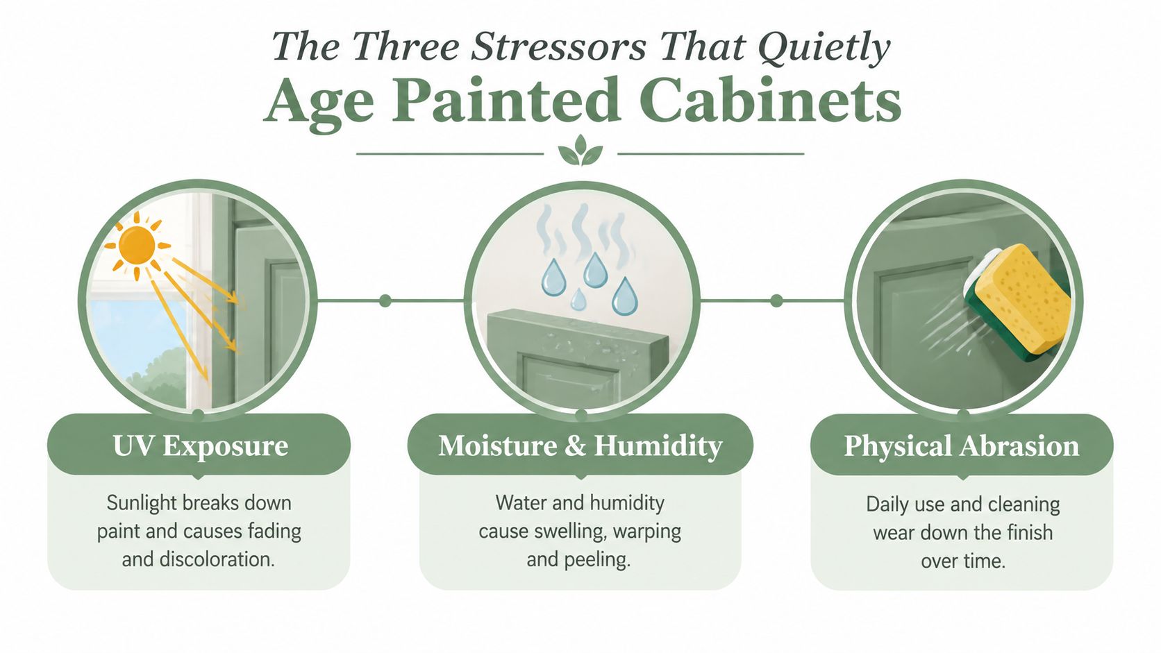 An infographic illustrating three common stressors that cause painted kitchen cabinets to age, including sunlight, moisture, and abrasion.
