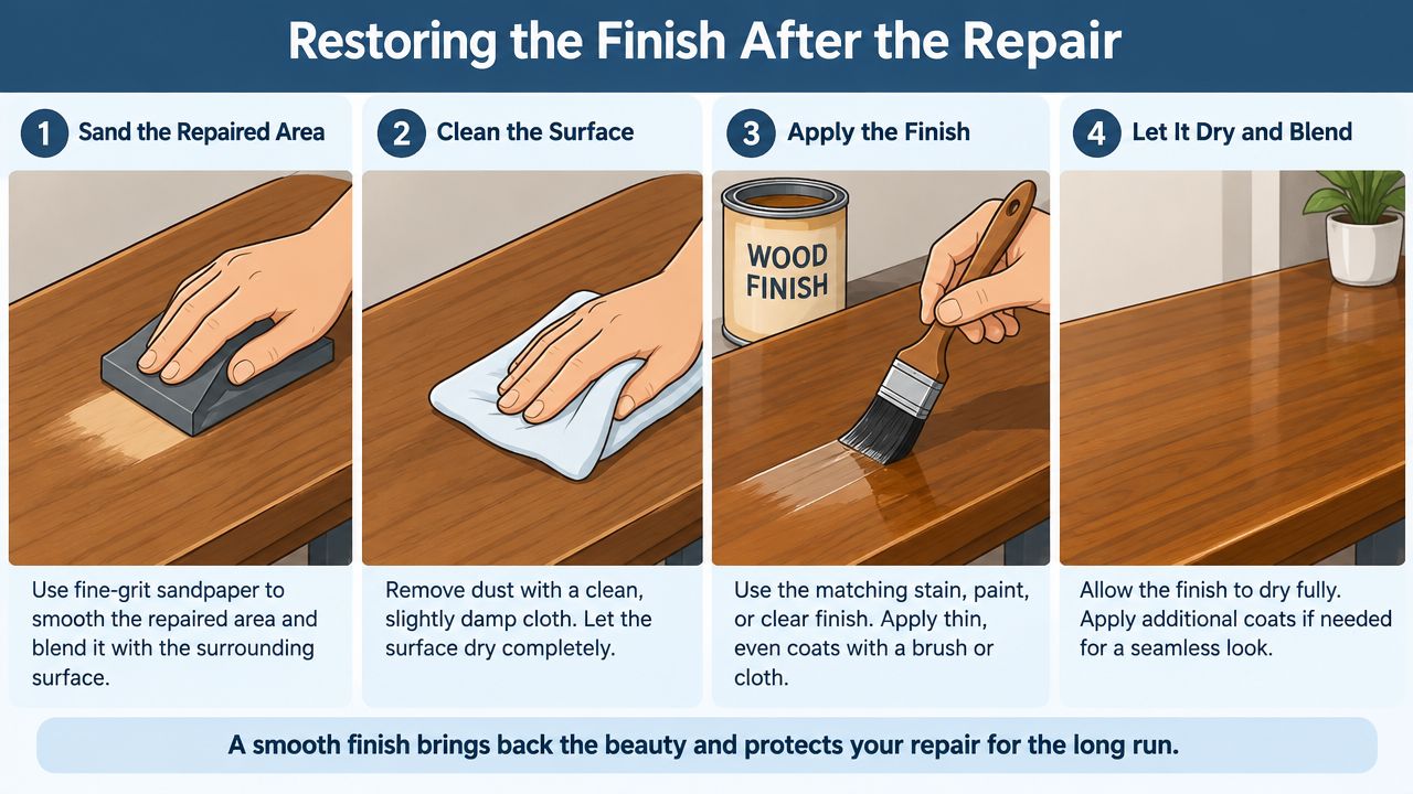 A four-step infographic showing how to restore and finish a repaired wood surface using sandpaper and finish.
