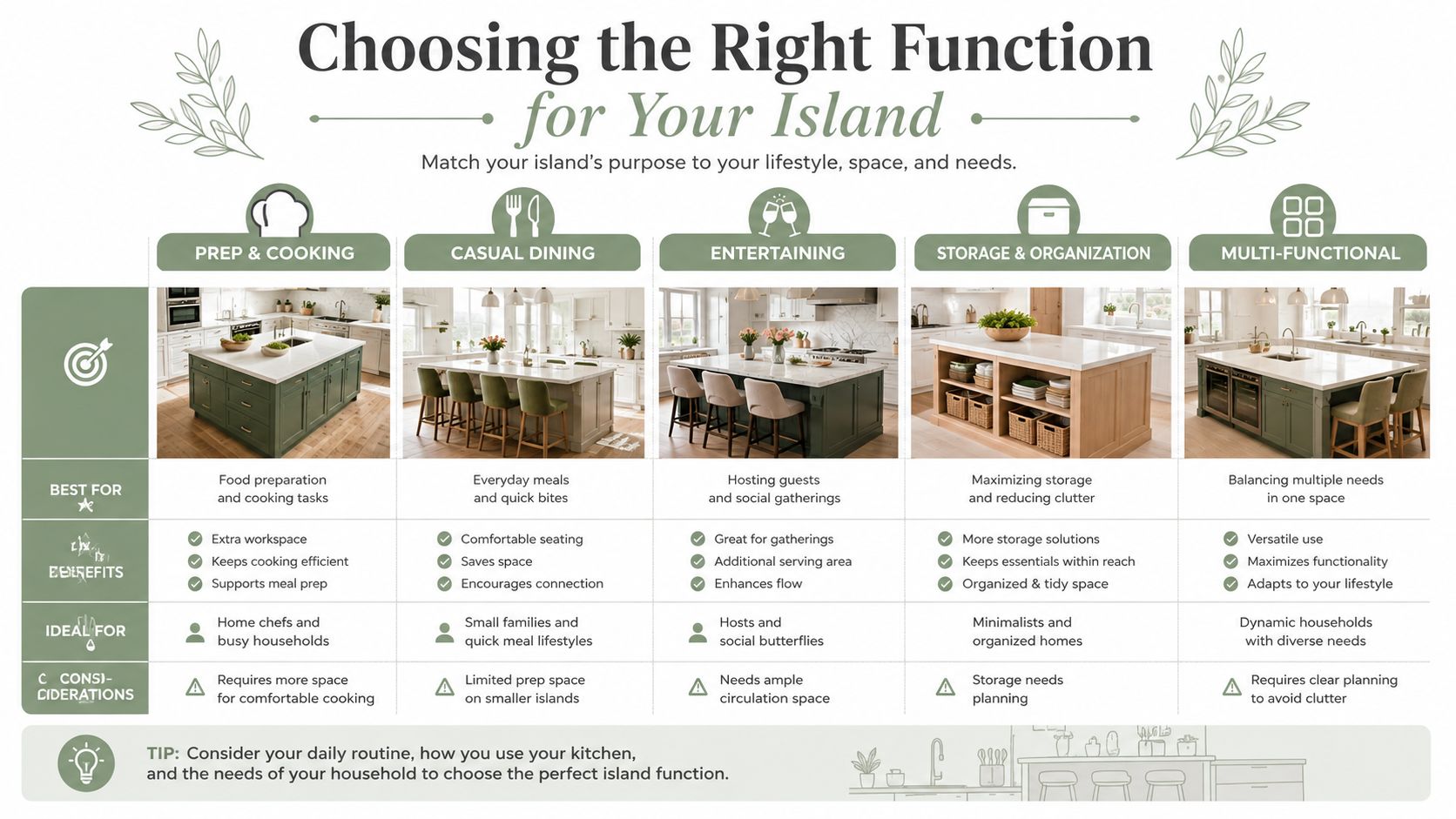 A comprehensive infographic guide on selecting the ideal kitchen island function based on lifestyle and space needs.