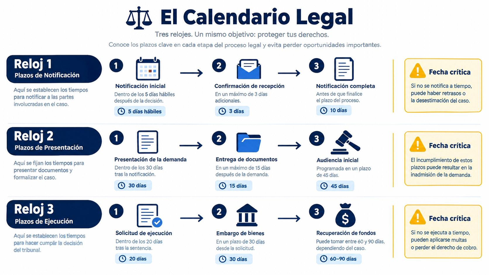 Infografía sobre el calendario legal con tres relojes que detallan los plazos clave de un proceso judicial.