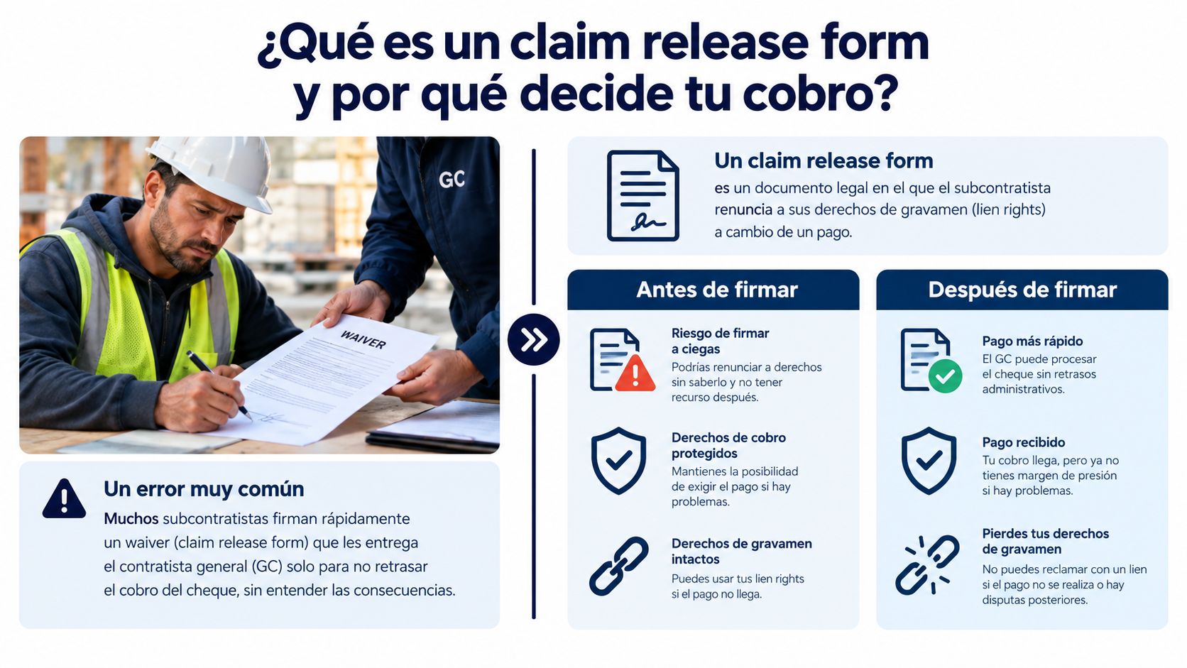 Infografía explicando qué es un claim release form para subcontratistas y las consecuencias de firmar este documento.