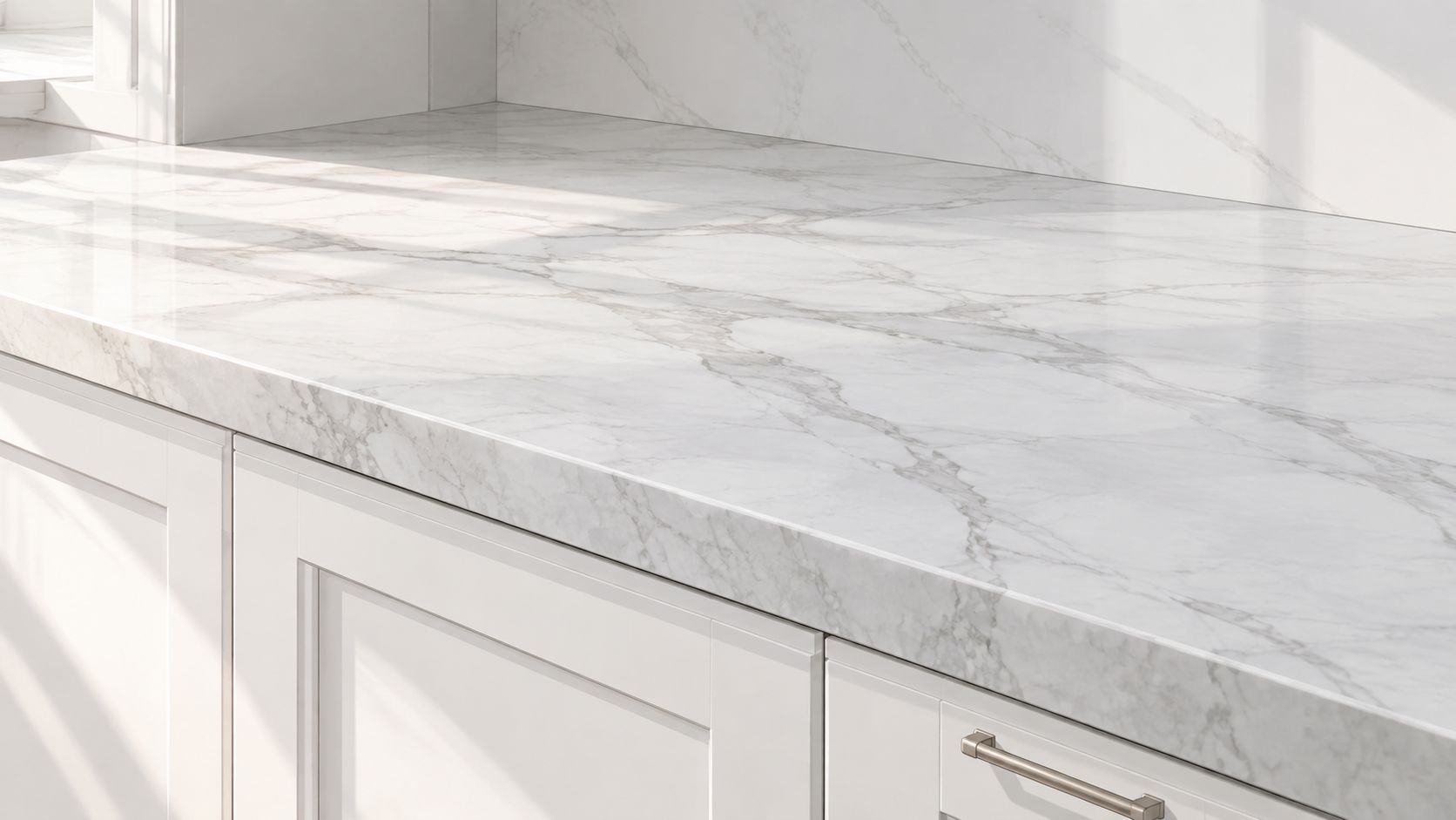 A close-up view of a high-end white marble countertop installed above clean white kitchen cabinets.