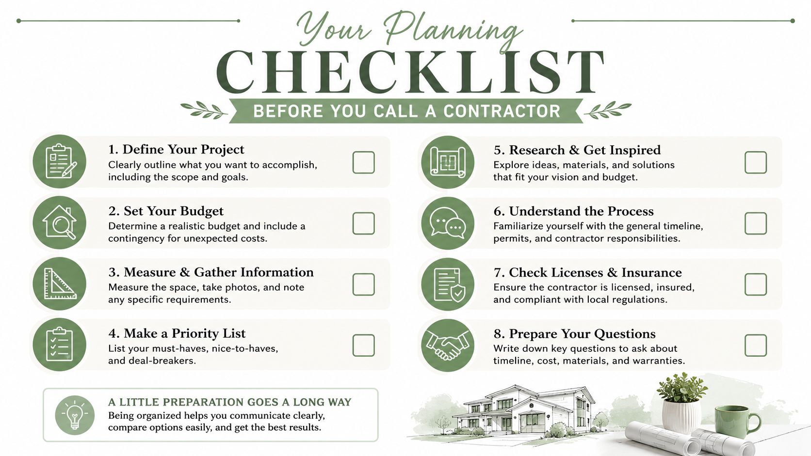 A planning checklist infographic for homeowners to prepare before meeting with a construction contractor.