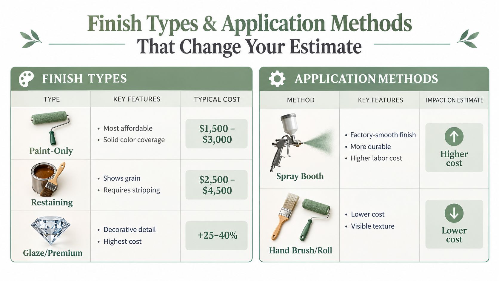 An informative infographic detailing the costs and characteristics of different kitchen cabinet finish types and application methods.