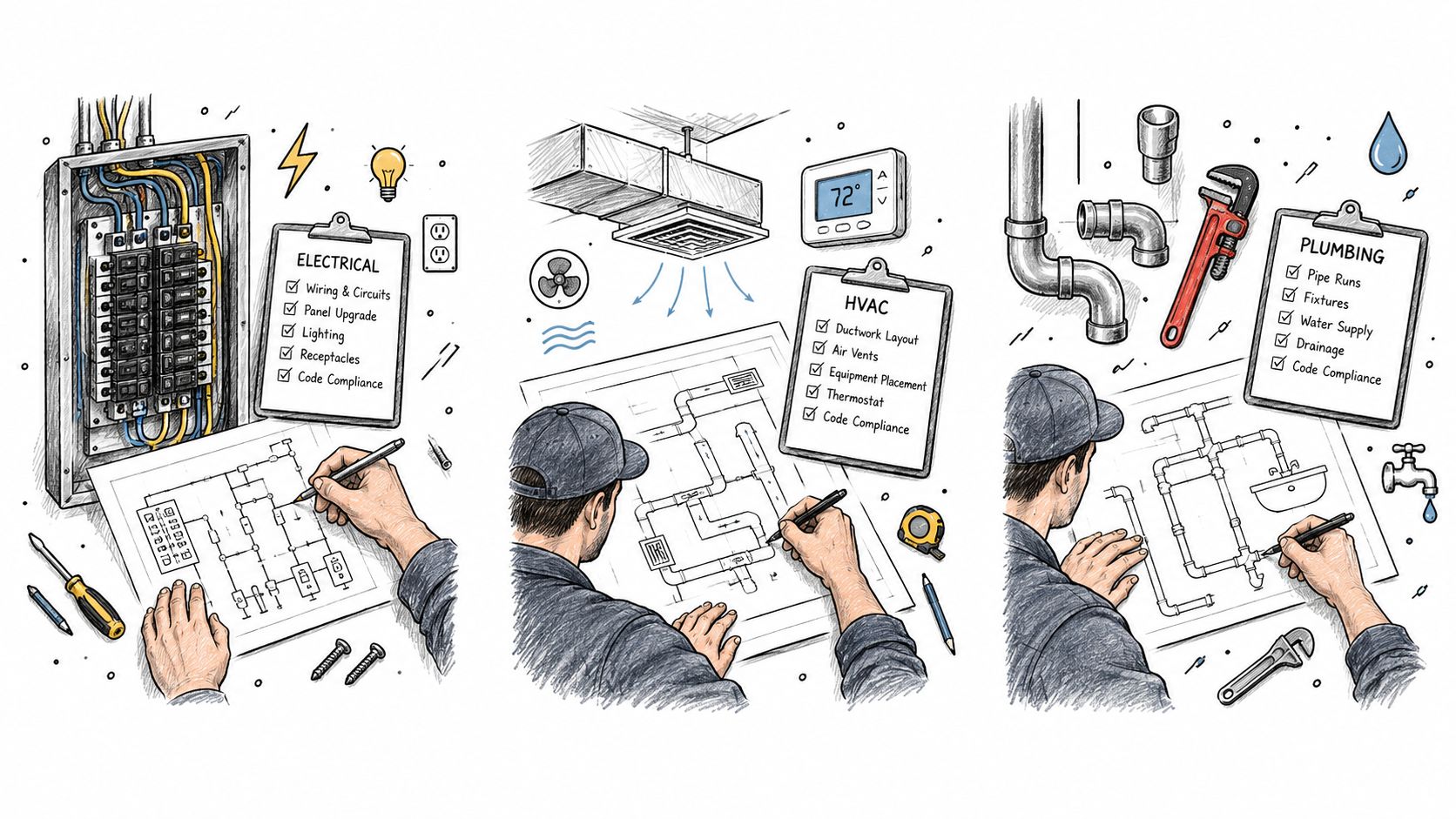 Ilustración de servicios de construcción que muestra planificación eléctrica, climatización y fontanería con sus respectivos planos técnicos.