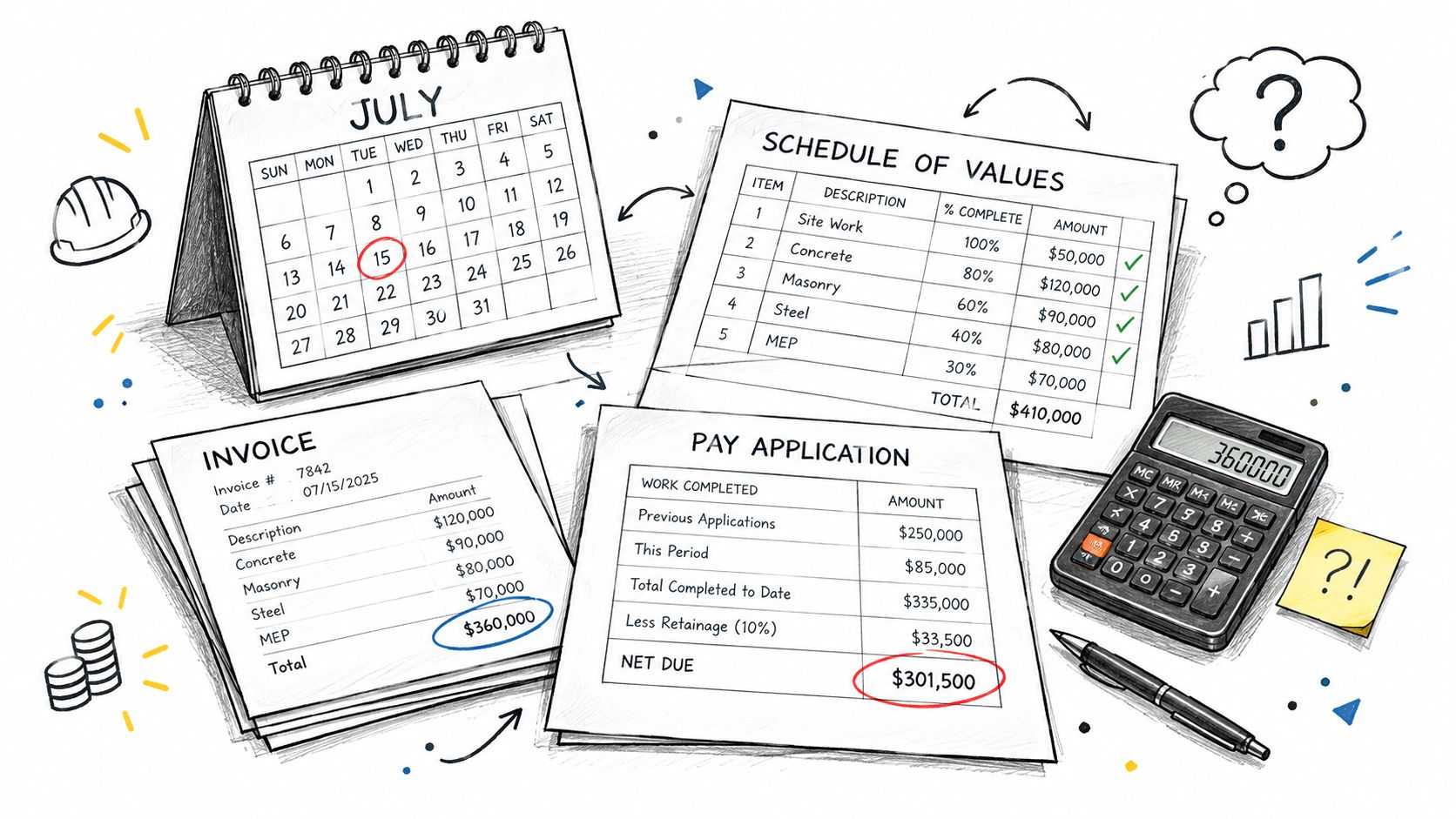 Ilustración con calendario, documentos contables de construcción, calculadora y pluma sobre una superficie de trabajo.