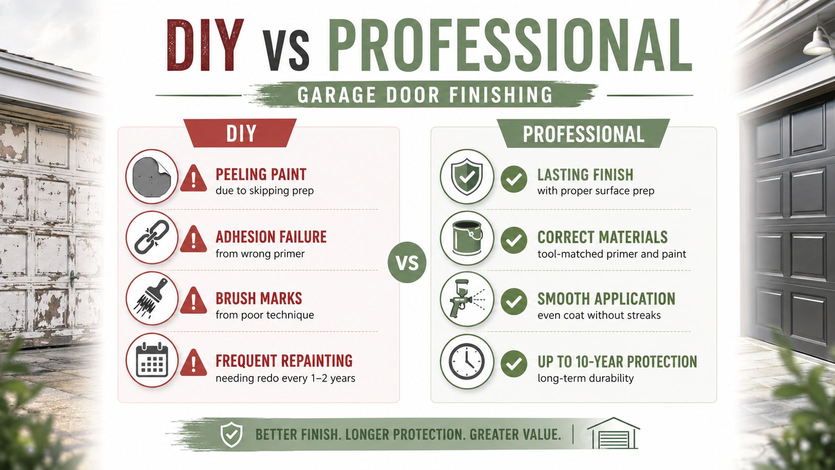 A comparison infographic showing the risks of DIY garage door painting versus the benefits of professional finishing services.